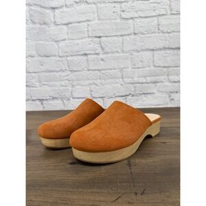 Aerie Women 8 Burnt Orange Brown Faux Suede Wood Platform Clog Mules Boho Indie